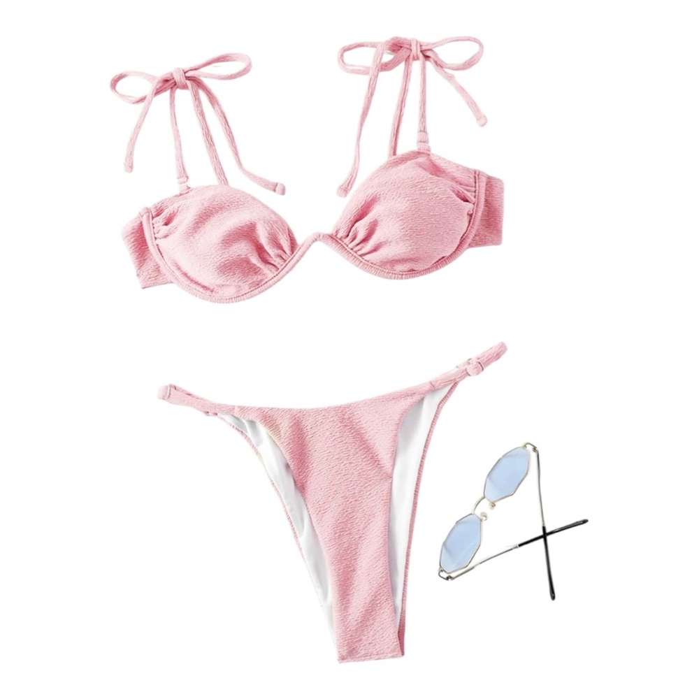 🆕SHEIN Textured Ruched Bust Tie Shoulder Underwire Bikini